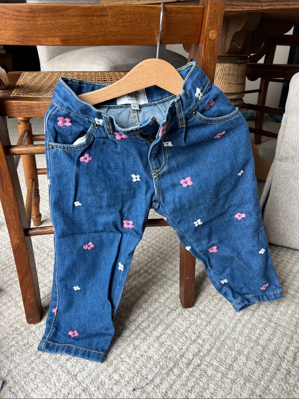 Hundred Pieces Dark Blue Girls' Jeans with Pink & White Floral Embroidery